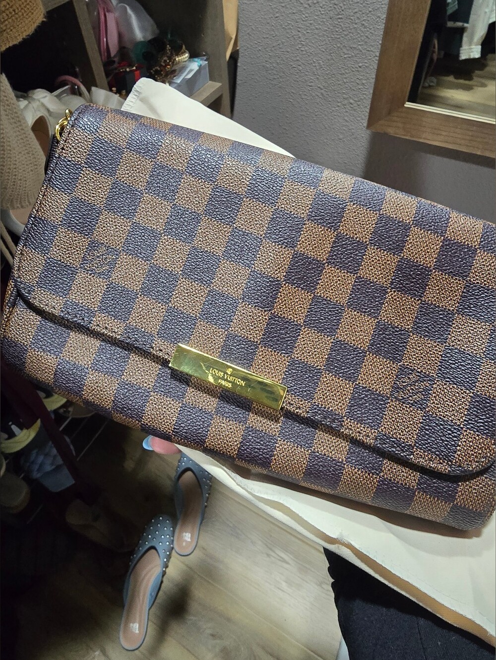 Brown Check Canvas Clutch with Gold Plate